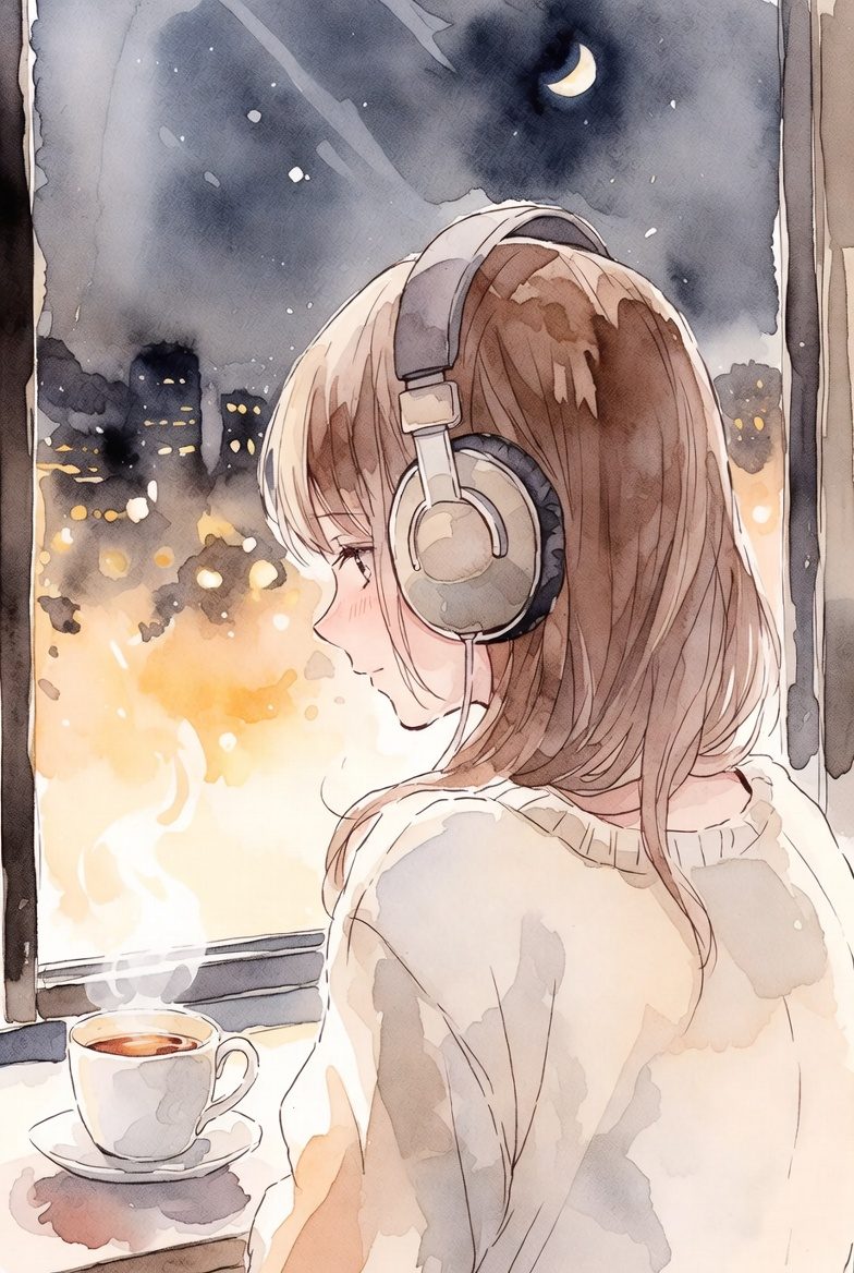 ヘッドフォンで音声とともにアーユルヴェーダを学ぶ女性のイラスト